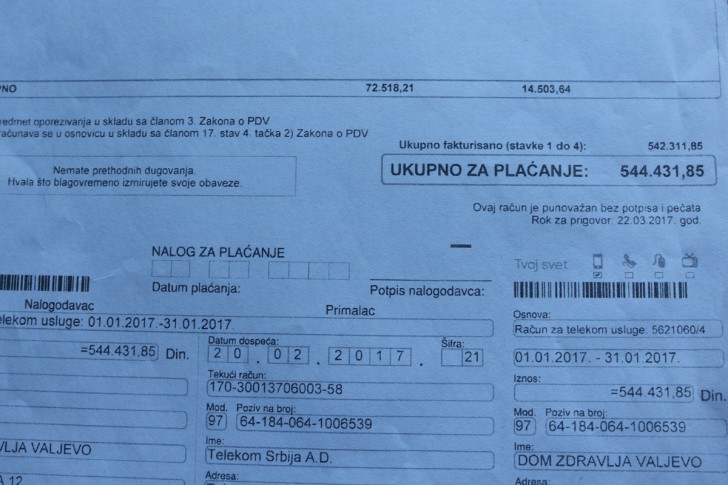 Januarski račun za telefone u Domu zdravlja