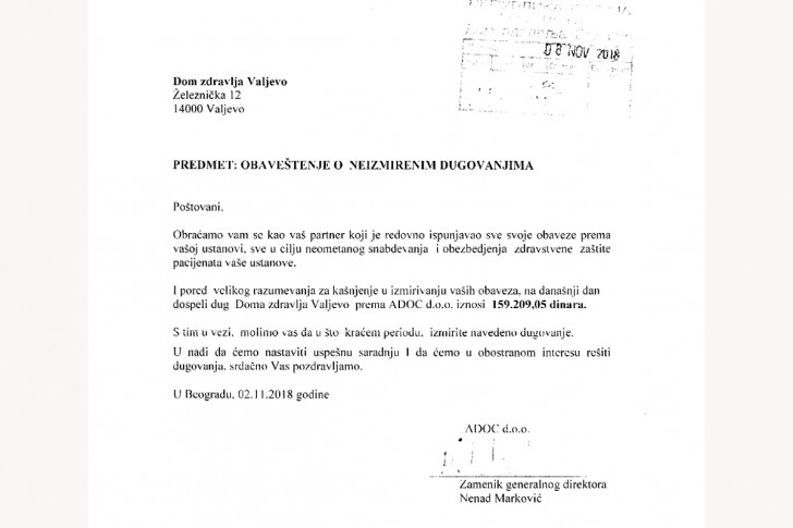 Obaveštenje o neizmirenim dugovanjima